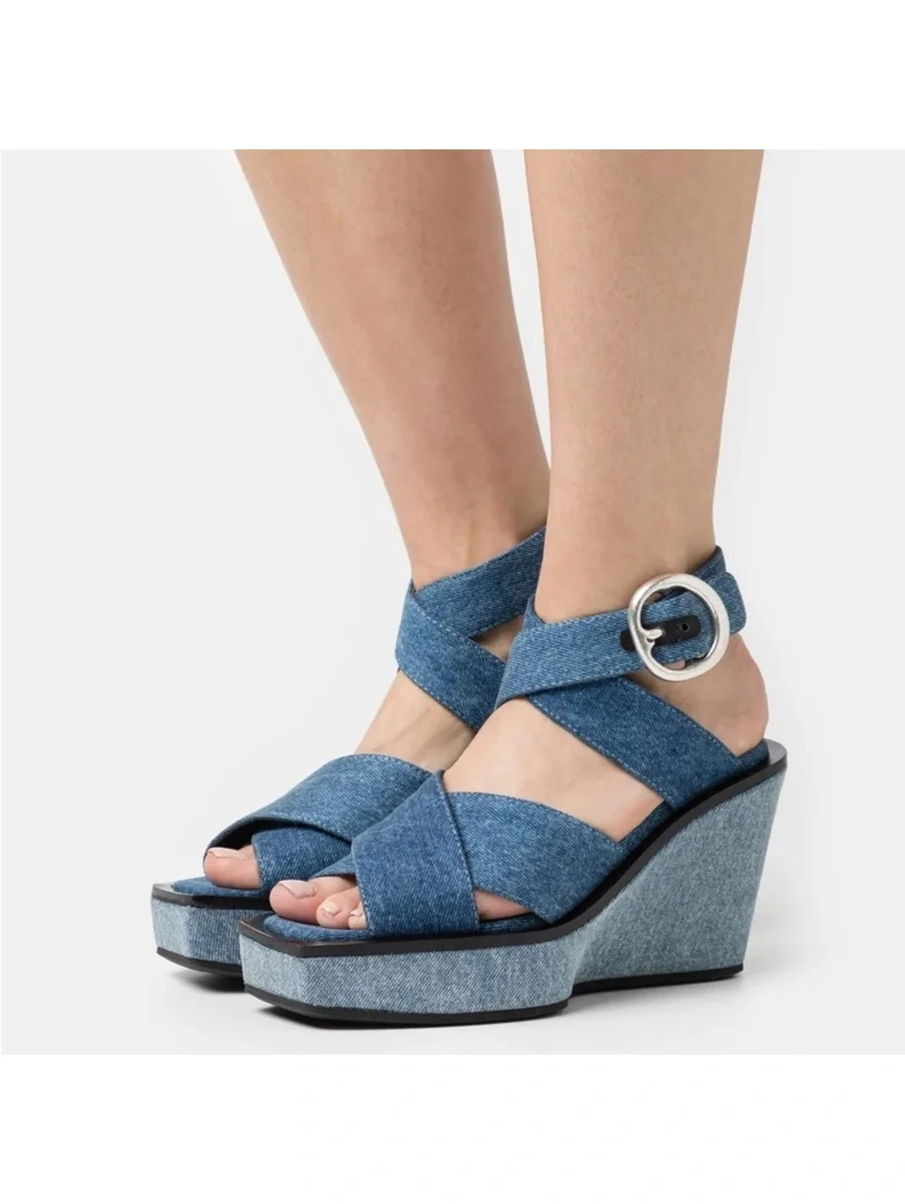 Rag & Bone Santiago Ankle Strap Platform Wedge Sandals Denim, Size 8.5/38.5 NWT